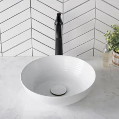 KRAUS Viva Round White Porcelain Ceramic Vessel Bathroom Sink with Pop-Up Drain, 13D x 4 3/8H