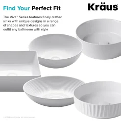 KRAUS Viva Round White Porcelain Ceramic Vessel Bathroom Sink with Pop-Up Drain, 13D x 4 3/8H