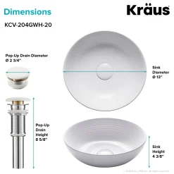 KRAUS Viva Round White Porcelain Ceramic Vessel Bathroom Sink with Pop-Up Drain, 13D x 4 3/8H