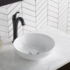 KRAUS Viva Round White Porcelain Ceramic Vessel Bathroom Sink with Pop-Up Drain, 13D x 4 3/8H