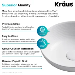 KRAUS Viva Round White Porcelain Ceramic Vessel Bathroom Sink with Pop-Up Drain, 13D x 4 3/8H