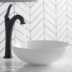 KRAUS Viva Round White Porcelain Ceramic Vessel Bathroom Sink with Pop-Up Drain, 13D x 4 3/8H