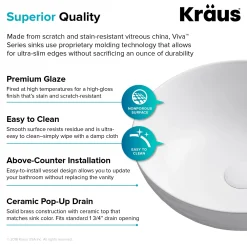 KRAUS Viva Round White Porcelain Ceramic Vessel Bathroom Sink with Drain