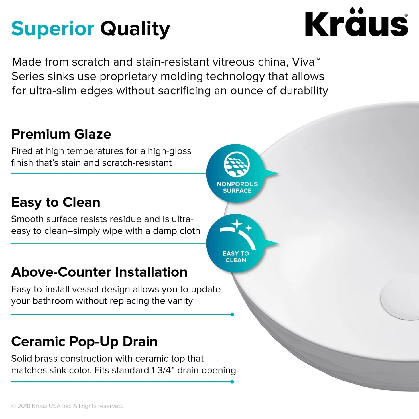 KRAUS Viva Round White Porcelain Ceramic Vessel Bathroom Sink with Drain