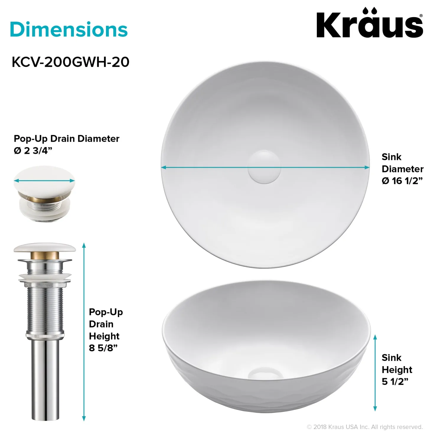 KRAUS Viva Round White Porcelain Ceramic Vessel Bathroom Sink with Drain