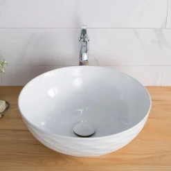 KRAUS Viva Round White Porcelain Ceramic Vessel Bathroom Sink with Drain