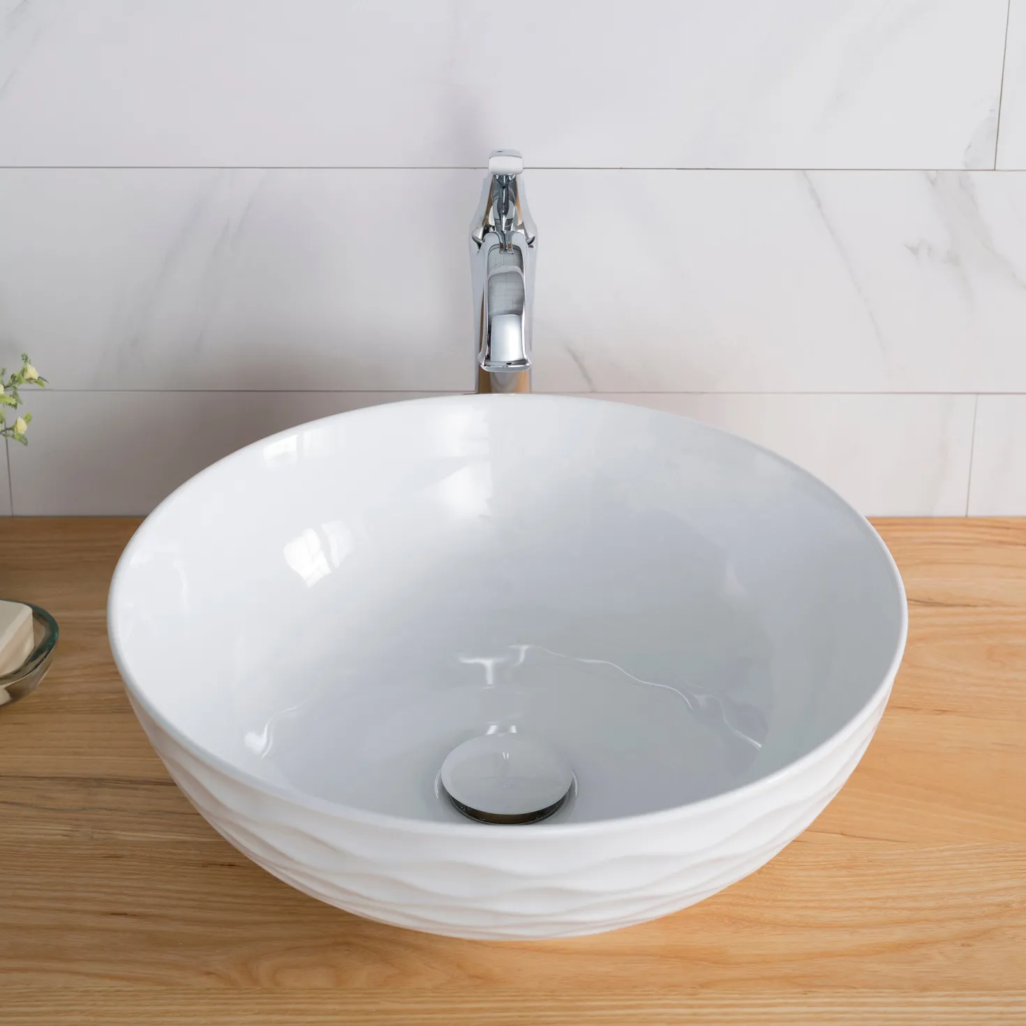 KRAUS Viva Round White Porcelain Ceramic Vessel Bathroom Sink with Drain