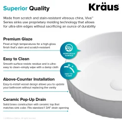 KRAUS Viva Round White Porcelain Ceramic Vessel Bathroom Sink with Pop-Up Drain, 15 3/4D x 4 3/4H
