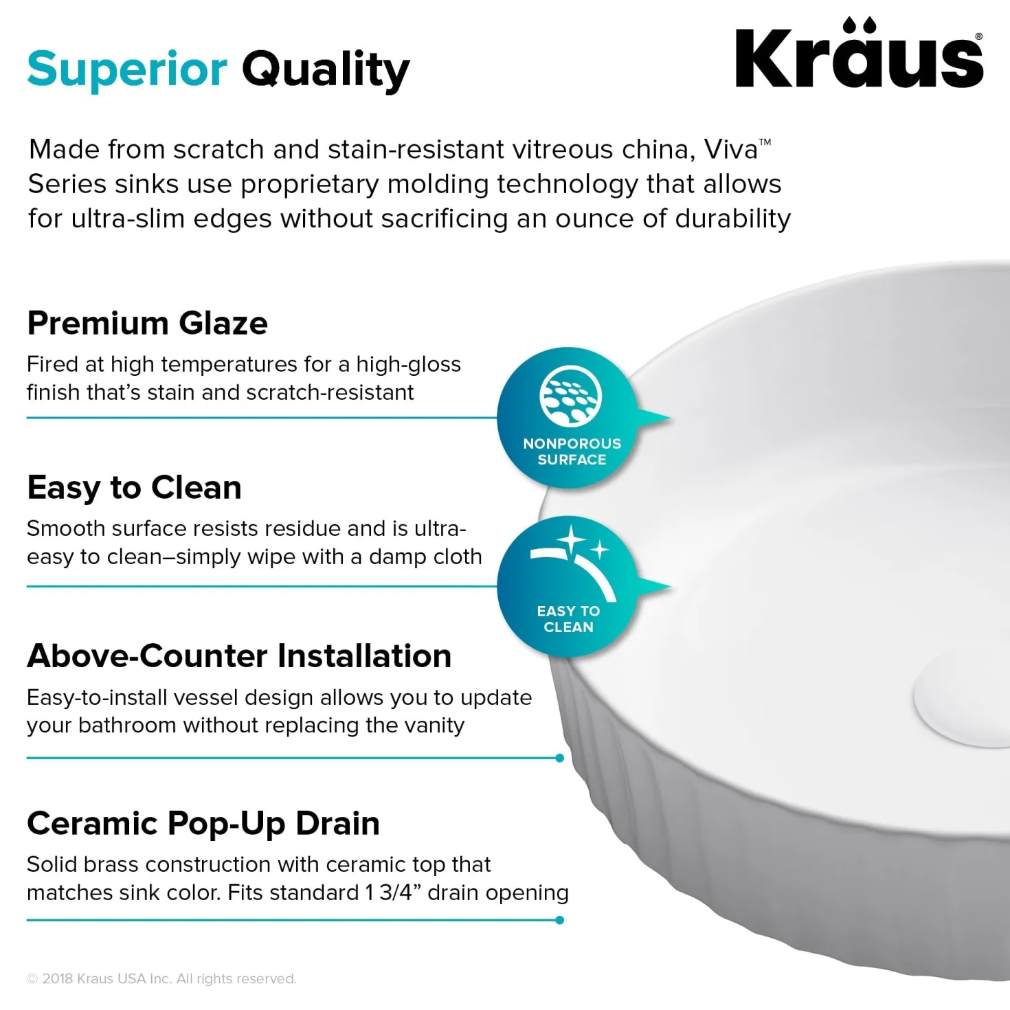 KRAUS Viva Round White Porcelain Ceramic Vessel Bathroom Sink with Pop-Up Drain, 15 3/4D x 4 3/4H