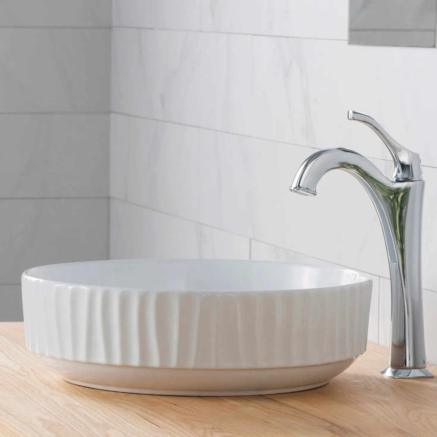 KRAUS Viva Round White Porcelain Ceramic Vessel Bathroom Sink with Pop-Up Drain, 15 3/4D x 4 3/4H
