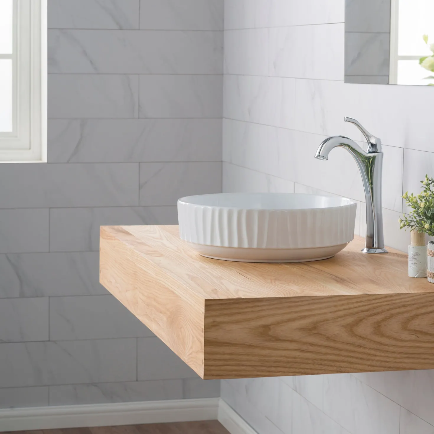 KRAUS Viva Round White Porcelain Ceramic Vessel Bathroom Sink with Pop-Up Drain, 15 3/4D x 4 3/4H