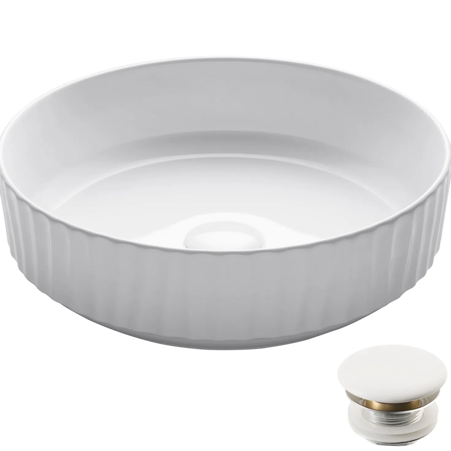 KRAUS Viva Round White Porcelain Ceramic Vessel Bathroom Sink with Pop-Up Drain, 15 3/4D x 4 3/4H