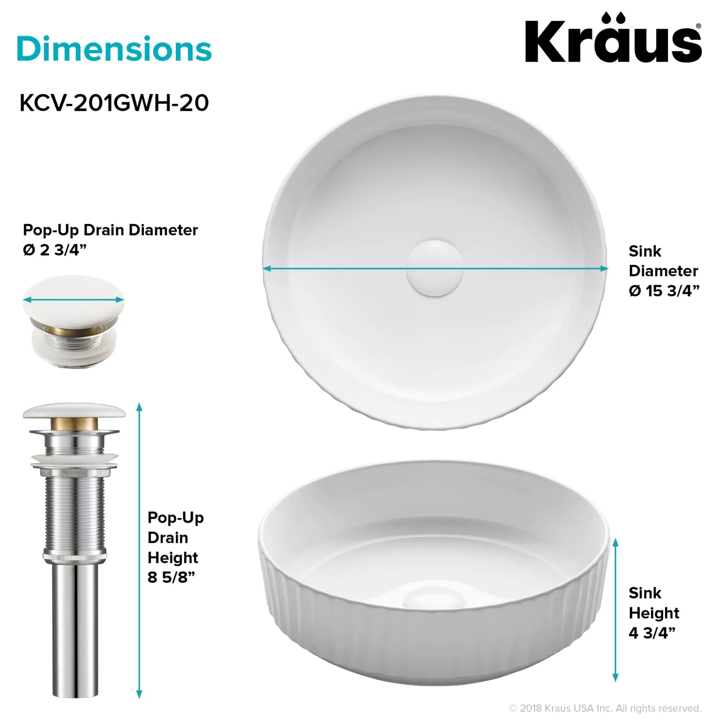 KRAUS Viva Round White Porcelain Ceramic Vessel Bathroom Sink with Pop-Up Drain, 15 3/4D x 4 3/4H