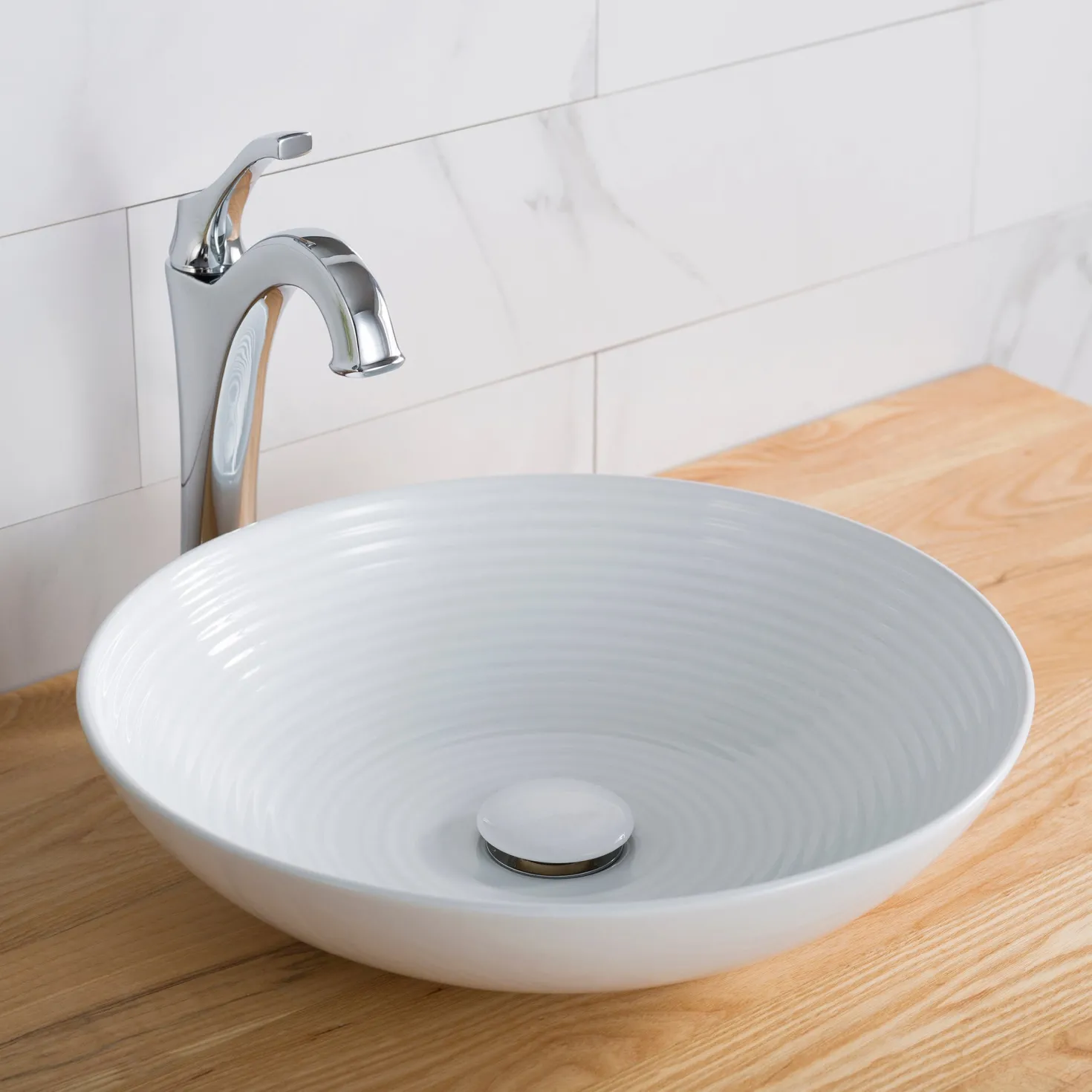 KRAUS Viva Round White Porcelain Ceramic Vessel Bathroom Sink with Pop-Up Drain, 16 1/2D x 4 3/8H