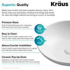 KRAUS Viva Round White Porcelain Ceramic Vessel Bathroom Sink with Pop-Up Drain, 16 1/2D x 4 3/8H