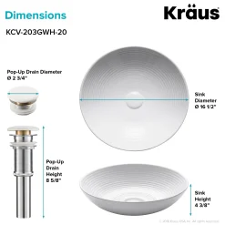 KRAUS Viva Round White Porcelain Ceramic Vessel Bathroom Sink with Pop-Up Drain, 16 1/2D x 4 3/8H