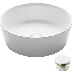 KRAUS Viva Round White Porcelain Ceramic Vessel Bathroom Sink with Pop-Up Drain, 15 3/4D x 5 3/8H