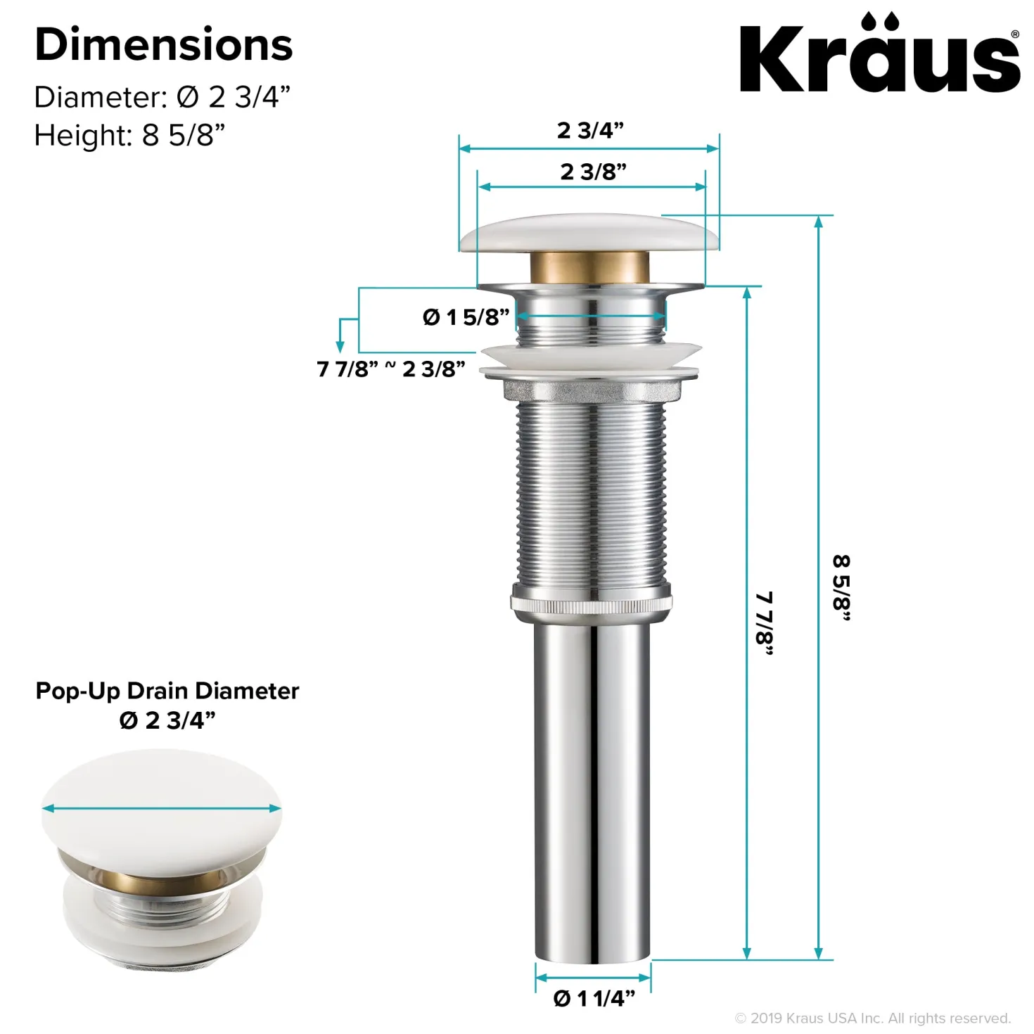 KRAUS Viva Round White Porcelain Ceramic Vessel Bathroom Sink with Pop-Up Drain, 15 3/4D x 5 3/8H