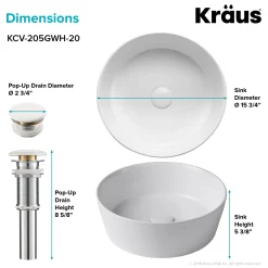 KRAUS Viva Round White Porcelain Ceramic Vessel Bathroom Sink with Pop-Up Drain, 15 3/4D x 5 3/8H