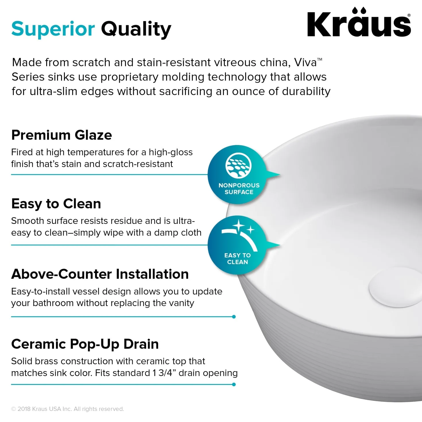 KRAUS Viva Round White Porcelain Ceramic Vessel Bathroom Sink with Pop-Up Drain, 15 3/4D x 5 3/8H
