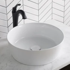 KRAUS Viva Round White Porcelain Ceramic Vessel Bathroom Sink with Pop-Up Drain, 15 3/4D x 5 3/8H