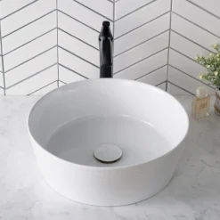KRAUS Viva Round White Porcelain Ceramic Vessel Bathroom Sink with Pop-Up Drain, 15 3/4D x 5 3/8H