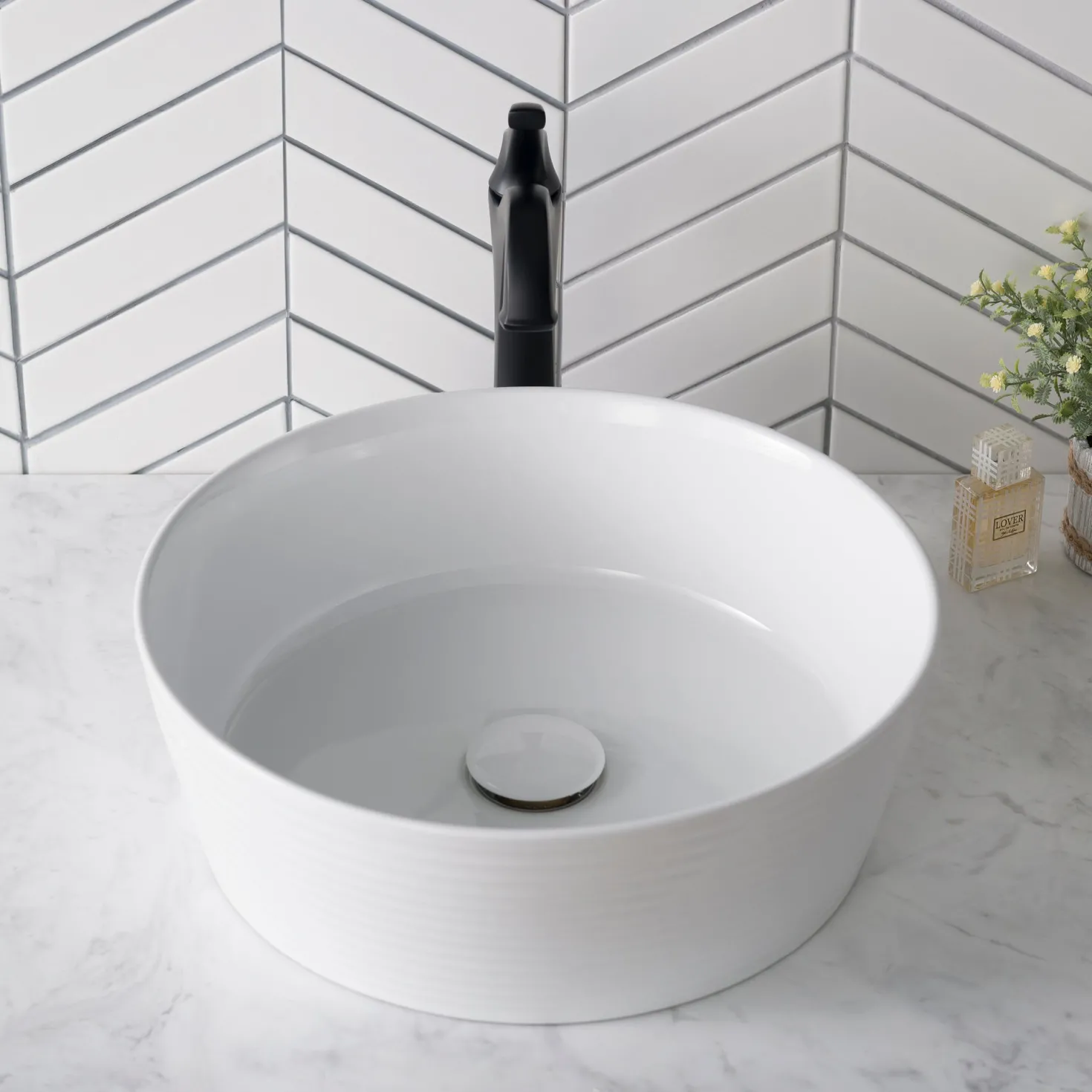 KRAUS Viva Round White Porcelain Ceramic Vessel Bathroom Sink with Pop-Up Drain, 15 3/4D x 5 3/8H