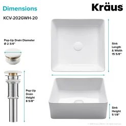 KRAUS Viva Square White Porcelain Ceramic Vessel Bathroom Sink with Pop-Up Drain, 15 5/8L x 15 5/8W x 5 1/8H