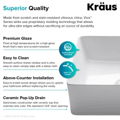 KRAUS Viva Square White Porcelain Ceramic Vessel Bathroom Sink with Pop-Up Drain, 15 5/8L x 15 5/8W x 5 1/8H