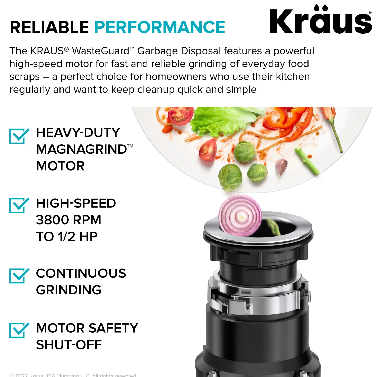 KRAUS WasteGuard High-Speed 1/2 HP Continuous Feed Ultra-Quiet Motor Garbage Disposal