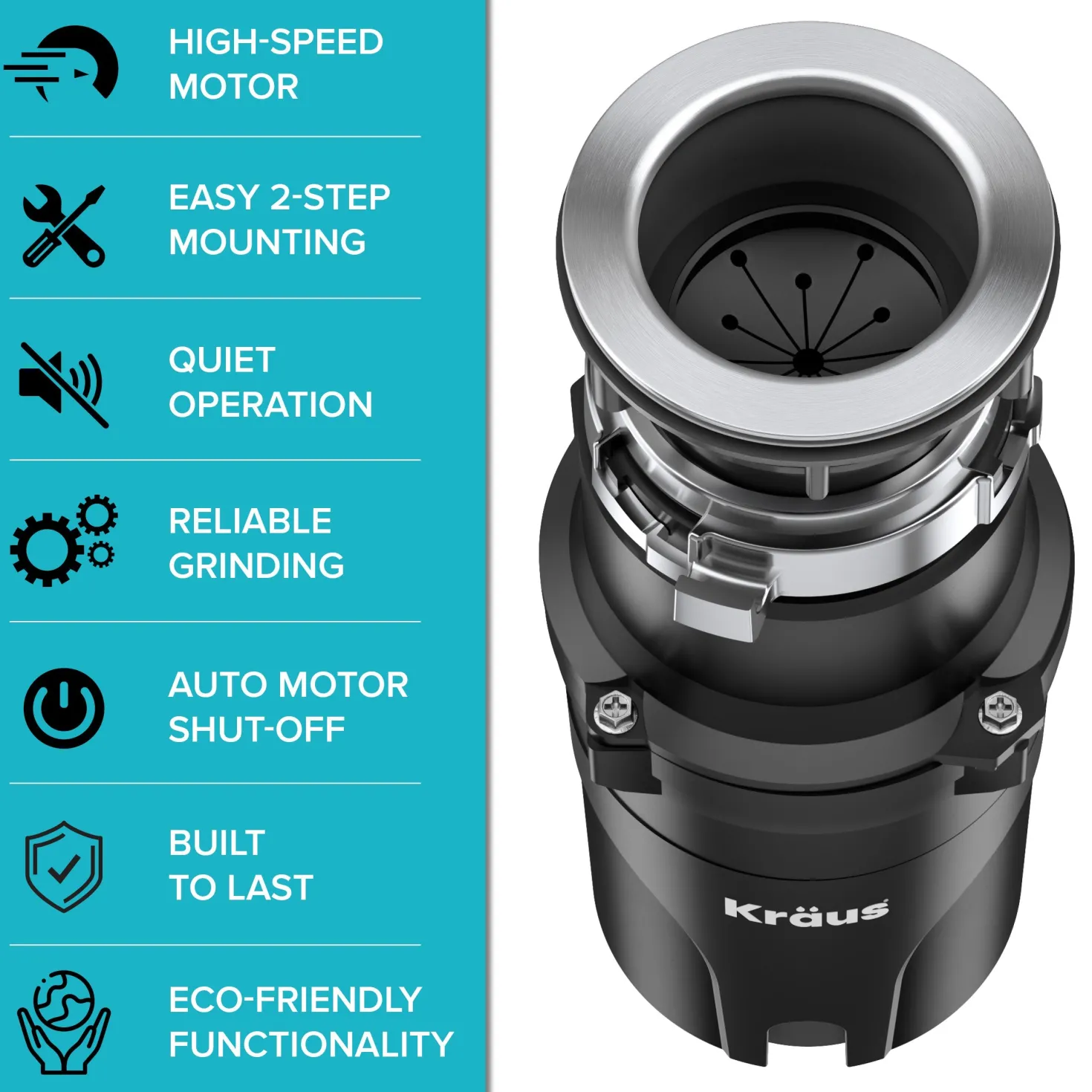KRAUS WasteGuard High-Speed 1/2 HP Continuous Feed Ultra-Quiet Motor Garbage Disposal
