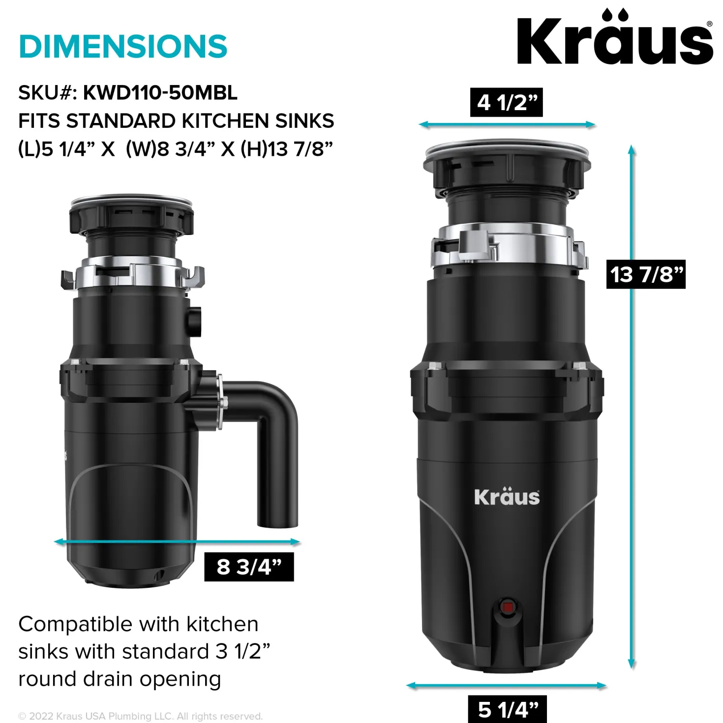 KRAUS WasteGuard High-Speed 1/2 HP Continuous Feed Ultra-Quiet Motor Garbage Disposal
