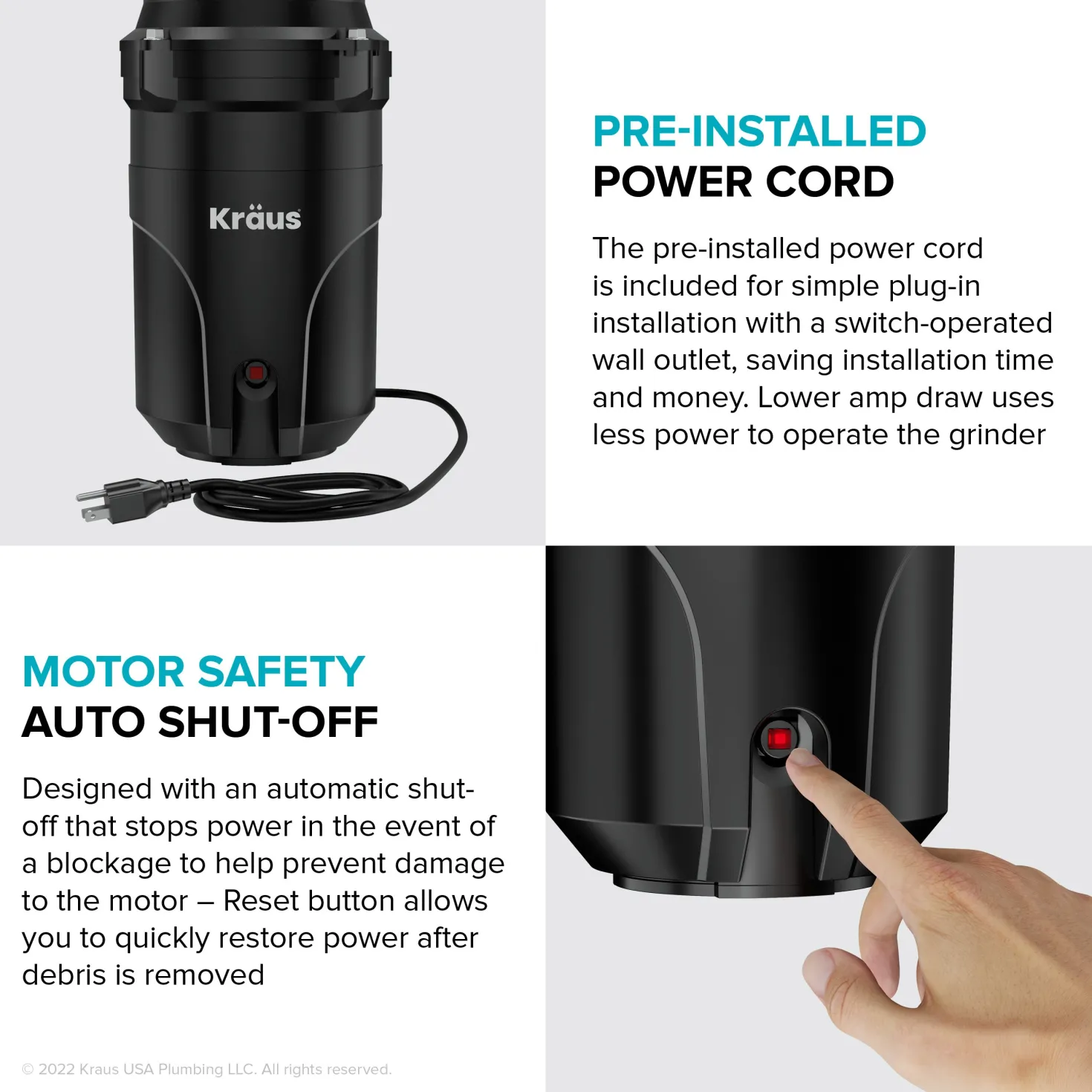 KRAUS WasteGuard High-Speed 1/2 HP Continuous Feed Ultra-Quiet Motor Garbage Disposal
