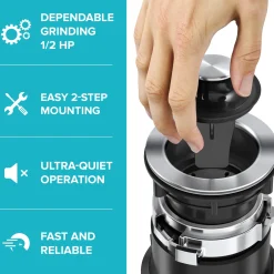 KRAUS WasteGuard High-Speed 1/2 HP Continuous Feed Ultra-Quiet Motor Garbage Disposal