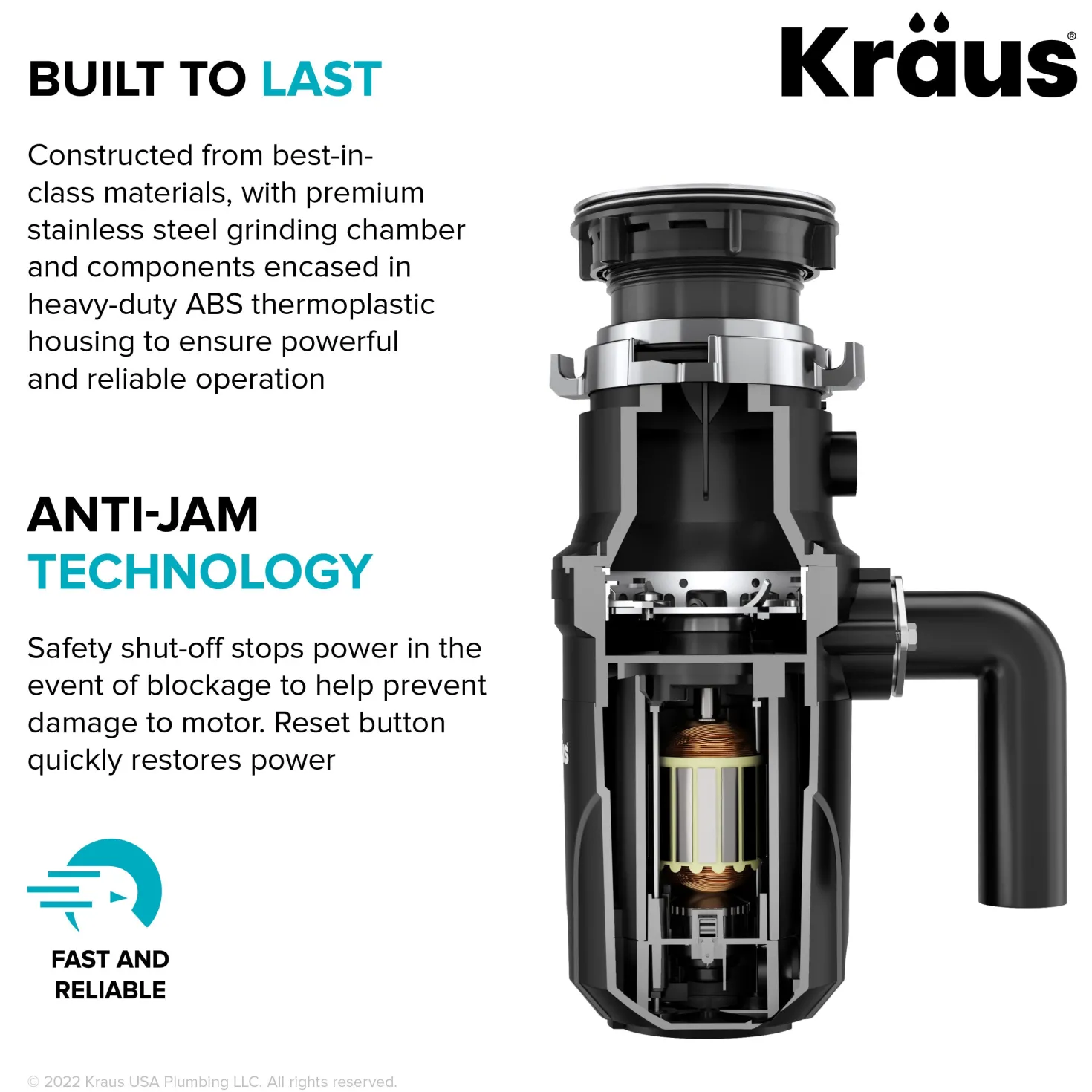 KRAUS WasteGuard High-Speed 1/2 HP Continuous Feed Ultra-Quiet Motor Garbage Disposal