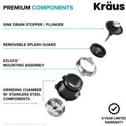 KRAUS WasteGuard High-Speed 1/2 HP Continuous Feed Ultra-Quiet Motor Garbage Disposal