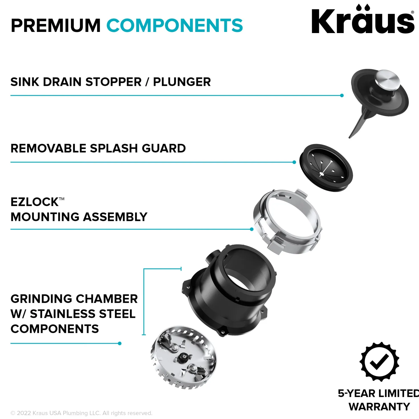 KRAUS WasteGuard High-Speed 1/2 HP Continuous Feed Ultra-Quiet Motor Garbage Disposal