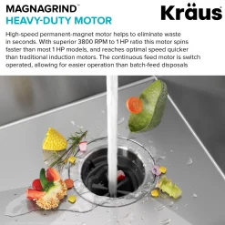 KRAUS WasteGuard High-Speed 1 HP Continuous Feed Ultra-Quie Garbage Disposal with Power Cord - Flange Included