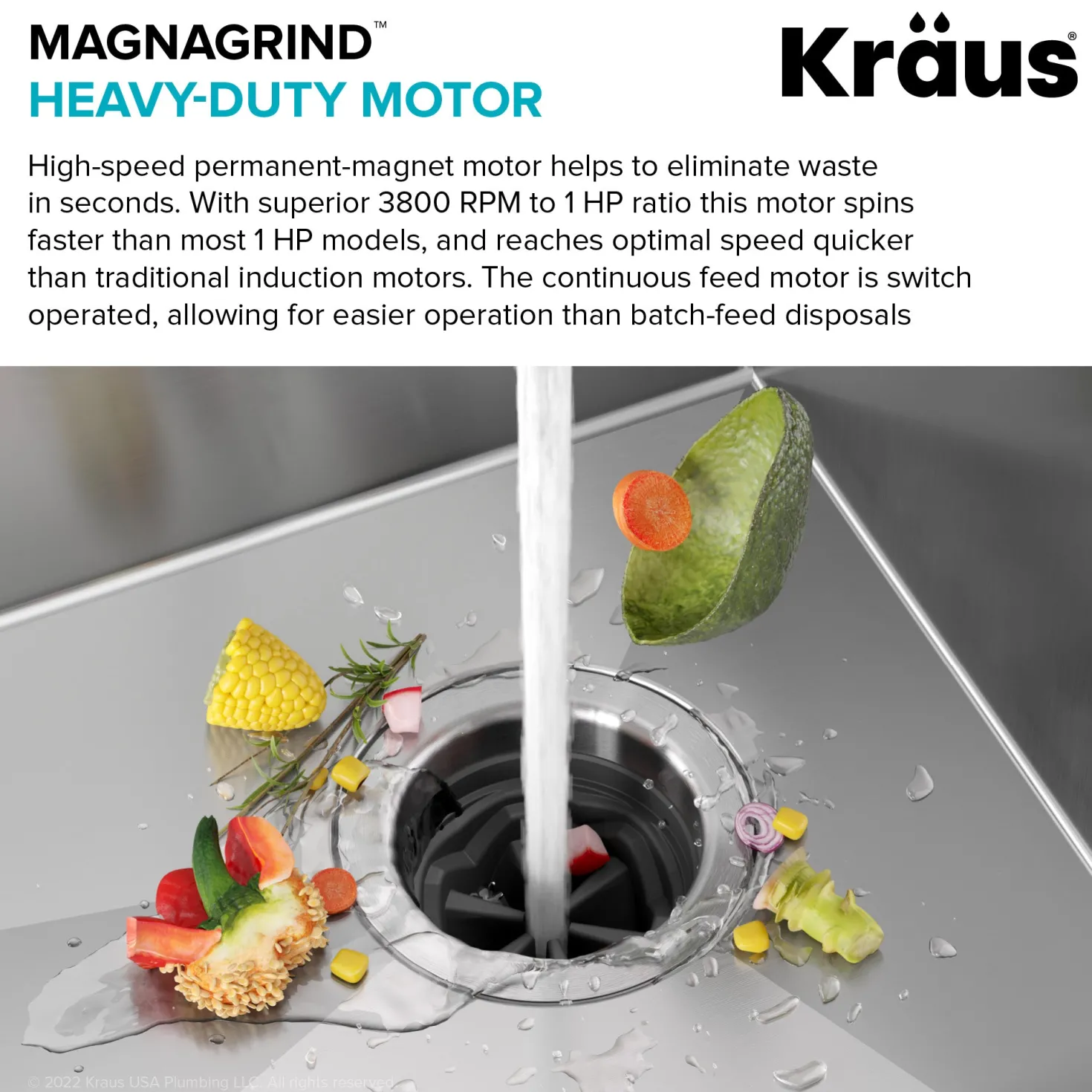 KRAUS WasteGuard High-Speed 1 HP Continuous Feed Ultra-Quie Garbage Disposal with Power Cord - Flange Included