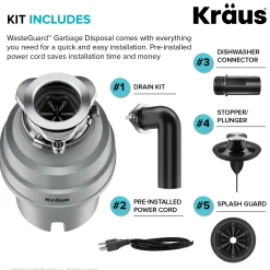 KRAUS WasteGuard High-Speed 1 HP Continuous Feed Ultra-Quie Garbage Disposal with Power Cord - Flange Included
