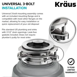 KRAUS WasteGuard High-Speed 1 HP Continuous Feed Ultra-Quie Garbage Disposal with Power Cord - Flange Included