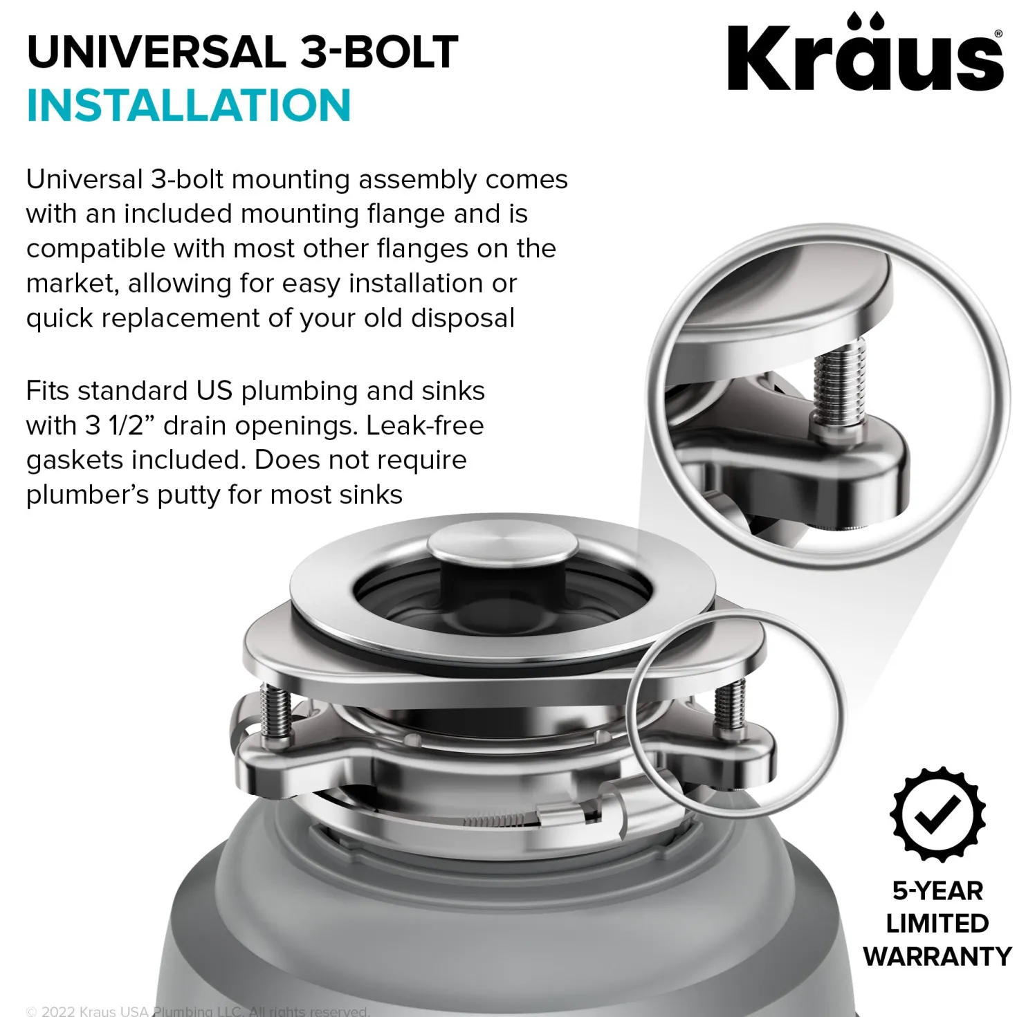 KRAUS WasteGuard High-Speed 1 HP Continuous Feed Ultra-Quie Garbage Disposal with Power Cord - Flange Included
