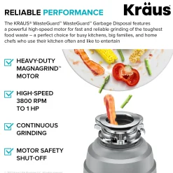 KRAUS WasteGuard High-Speed 1 HP Continuous Feed Ultra-Quie Garbage Disposal with Power Cord - Flange Included