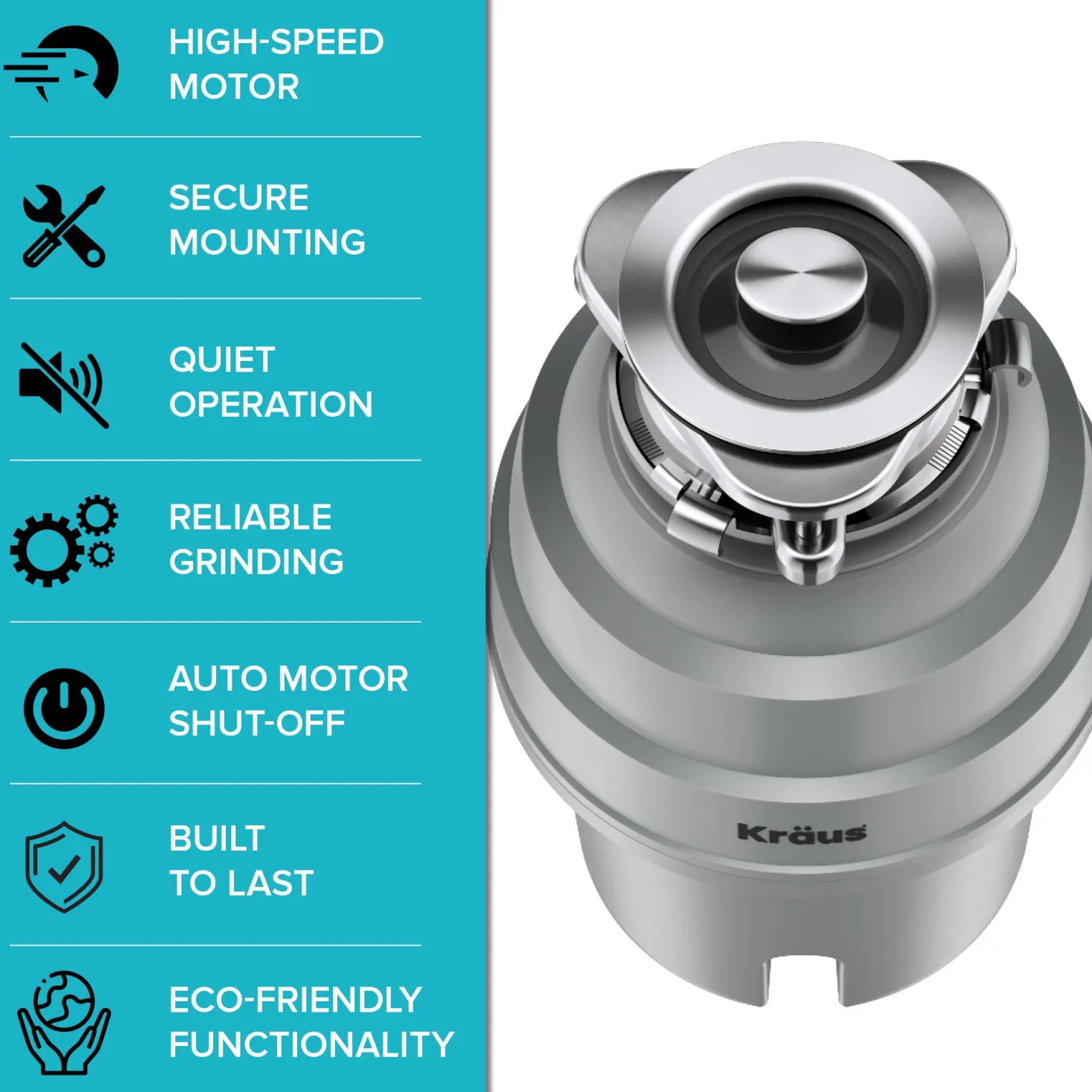 KRAUS WasteGuard High-Speed 1 HP Continuous Feed Ultra-Quie Garbage Disposal with Power Cord - Flange Included