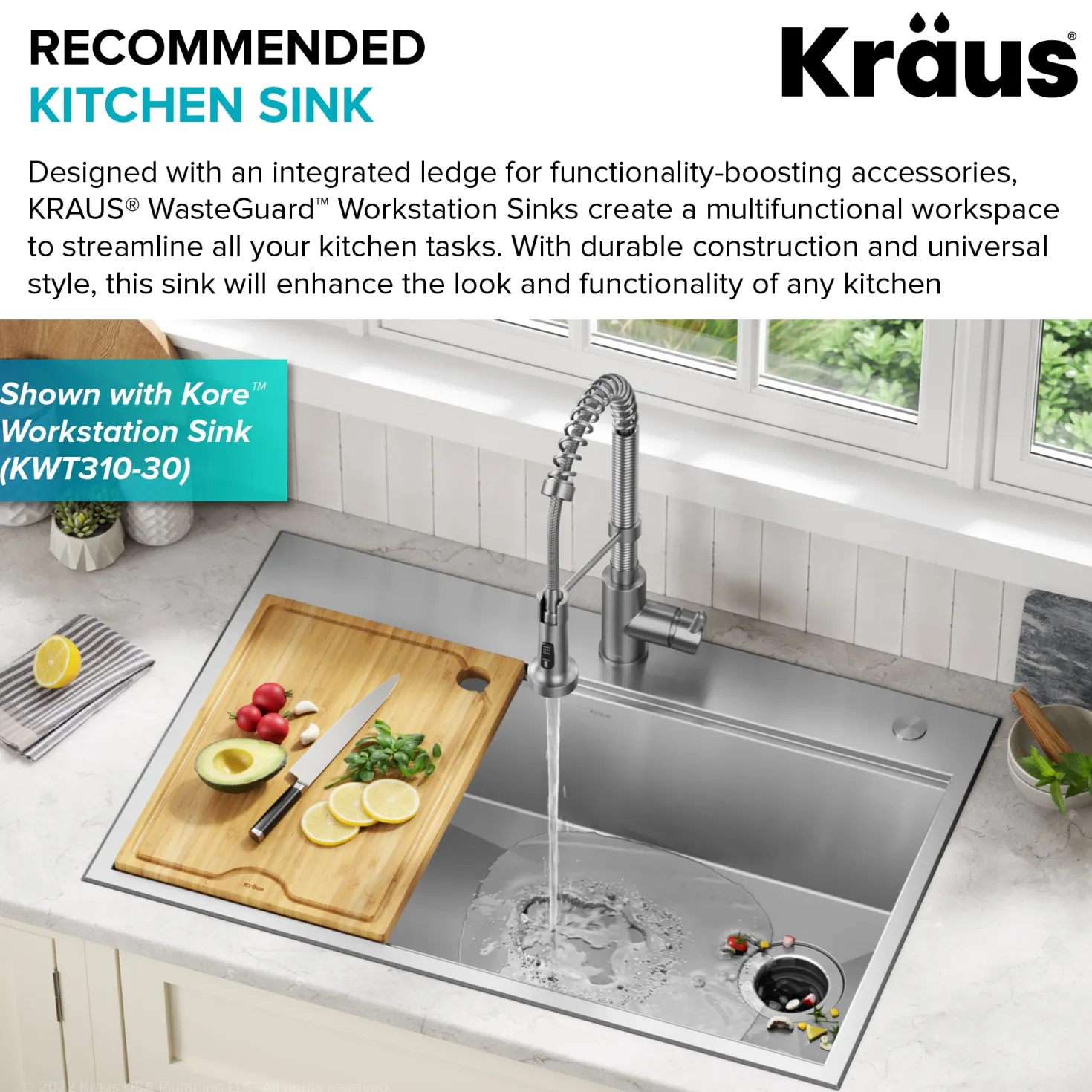 KRAUS WasteGuard High-Speed 1 HP Continuous Feed Ultra-Quie Garbage Disposal with Power Cord - Flange Included