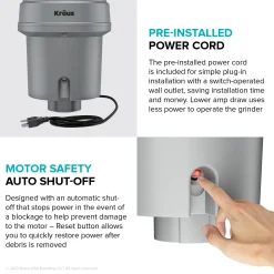 KRAUS WasteGuard High-Speed 1 HP Continuous Feed Ultra-Quie Garbage Disposal with Power Cord - Flange Included