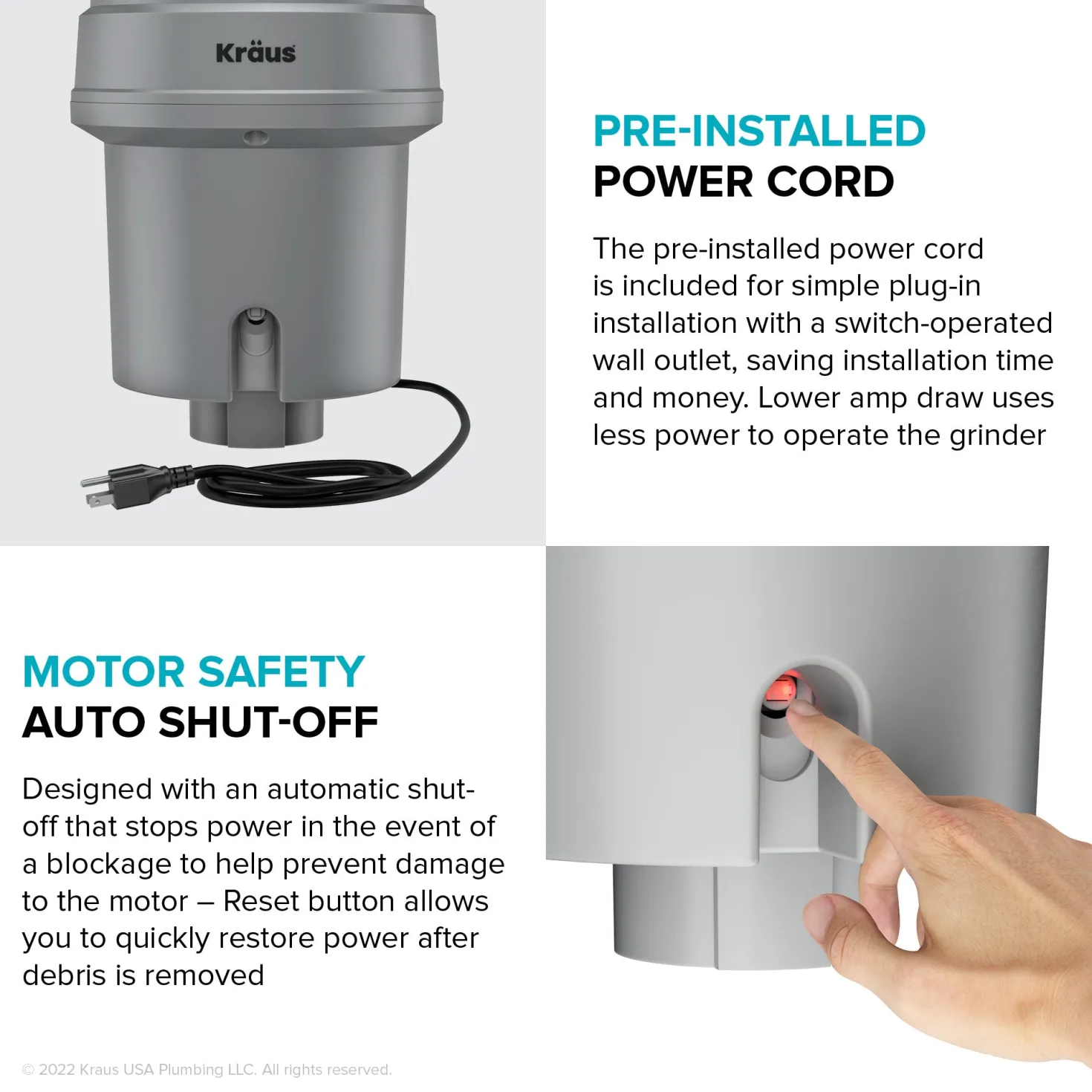 KRAUS WasteGuard High-Speed 1 HP Continuous Feed Ultra-Quie Garbage Disposal with Power Cord - Flange Included