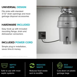 KRAUS WasteGuard High-Speed 1 HP Continuous Feed Ultra-Quie Garbage Disposal with Power Cord - Flange Included