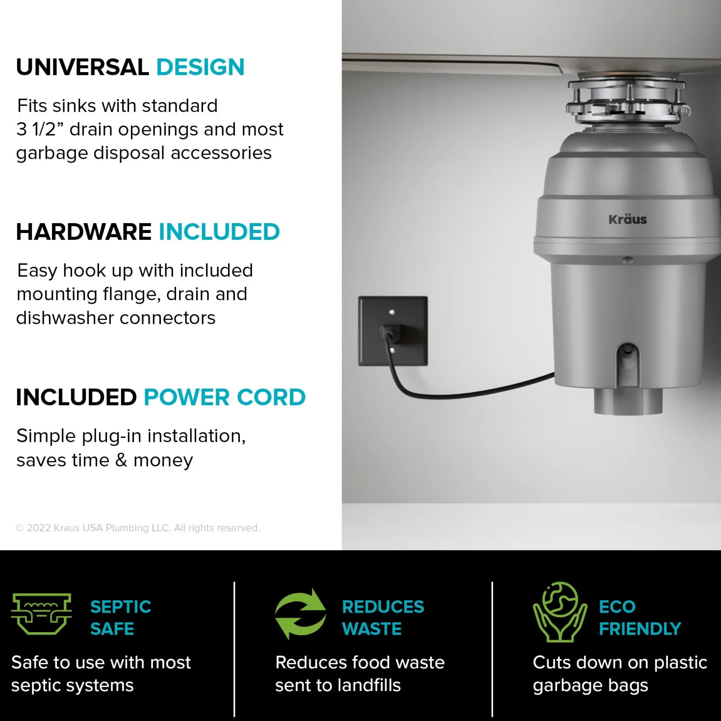 KRAUS WasteGuard High-Speed 1 HP Continuous Feed Ultra-Quie Garbage Disposal with Power Cord - Flange Included