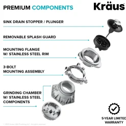 KRAUS WasteGuard High-Speed 1 HP Continuous Feed Ultra-Quie Garbage Disposal with Power Cord - Flange Included